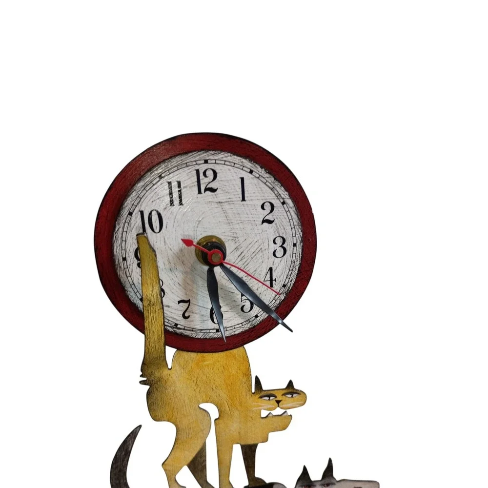 Whimsical Folk Art Wooden Shelf Clock Town Musician Bremen Donkey Dog Cat Signed